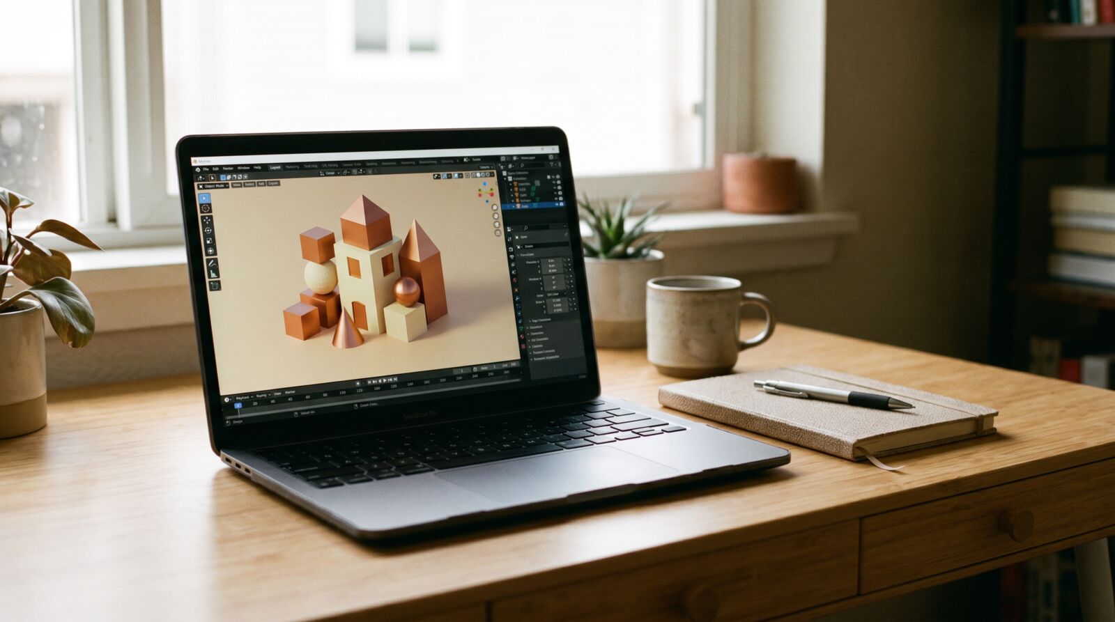 Student modeling a 3D scene on a laptop